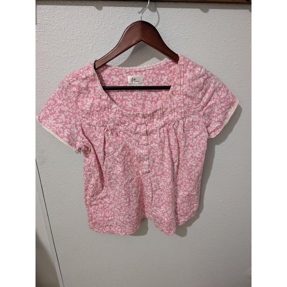 Aria Collection Womens Pajama Top Small Pink Pockets Lace Trim Floral Cotton‎